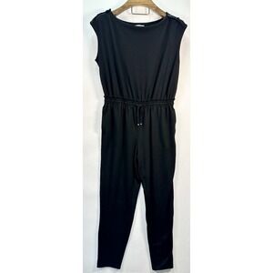 MAX STUDIO Black Crop Jumpsuit Romper Jogger Pantsuit Stretch Pull string SZ: LG